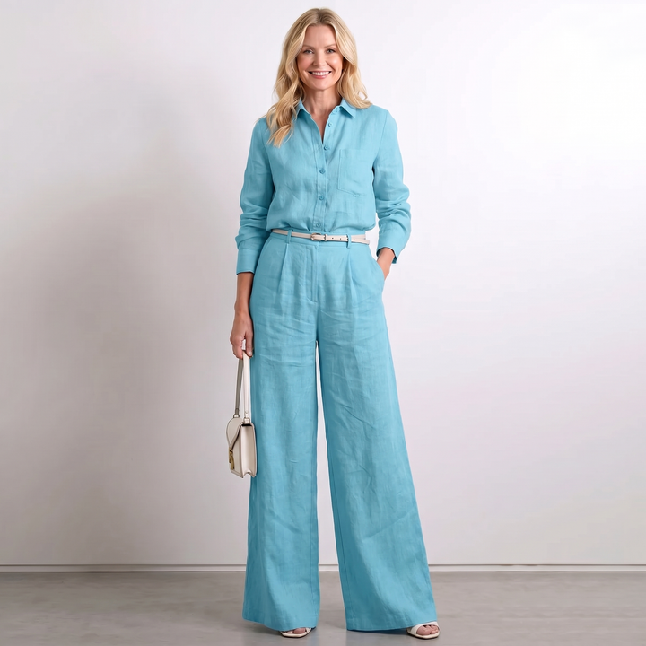 Damen Leinen Palazzohose Weites Bein Elegant - Image 2