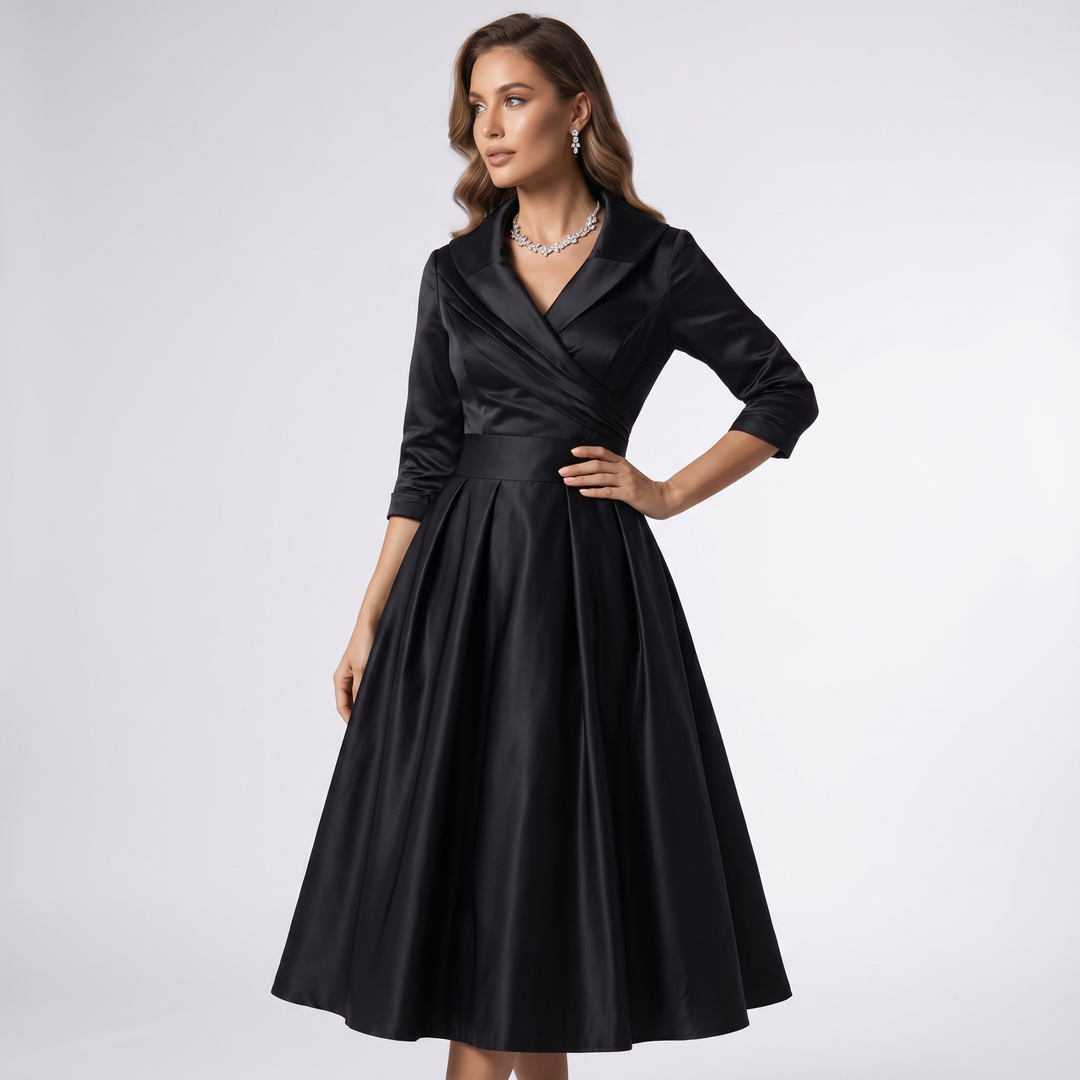 Damen A-Linie Midikleid Schalkragen festlich