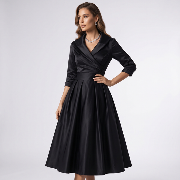 Damen A-Linie Midikleid Schalkragen festlich