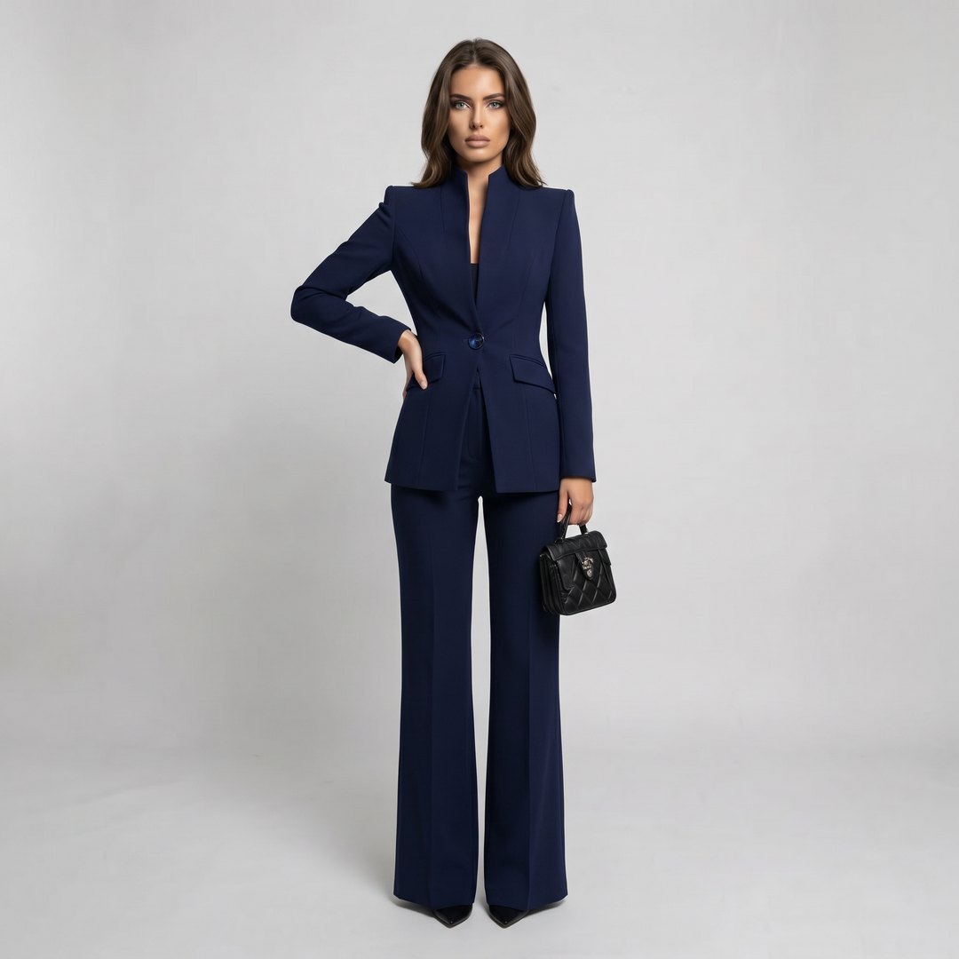 Damen Hosenanzug Stehkragen Blazer Hosen Set Weites Bein - Image 2