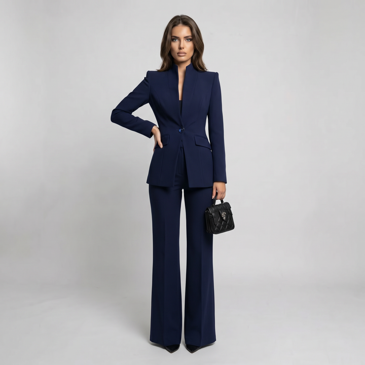 Damen Hosenanzug Stehkragen Blazer Hosen Set Weites Bein - Image 2