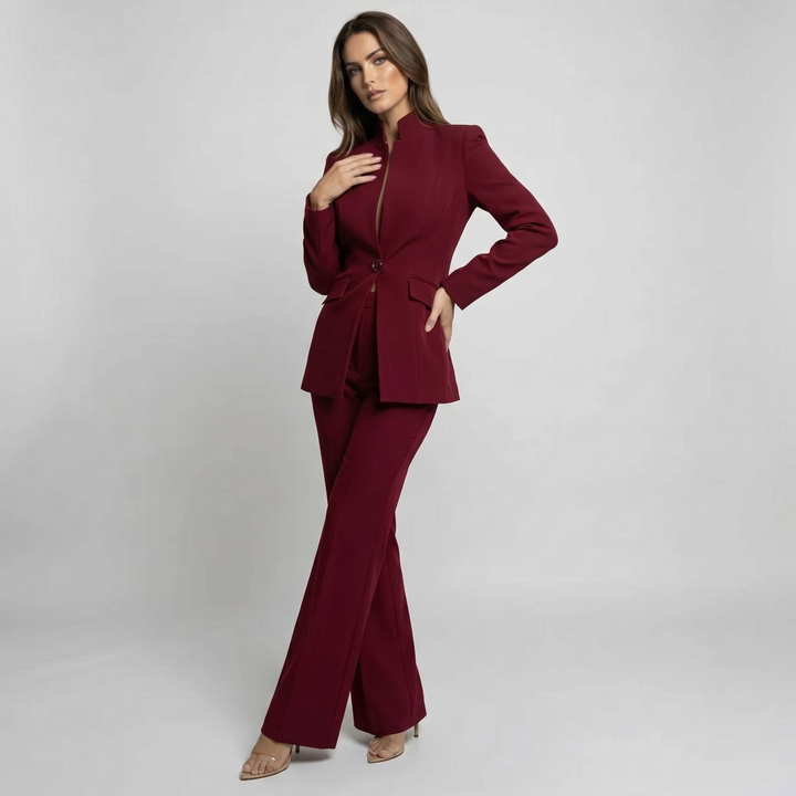 Damen Hosenanzug Stehkragen Blazer Hosen Set Weites Bein - Image 6