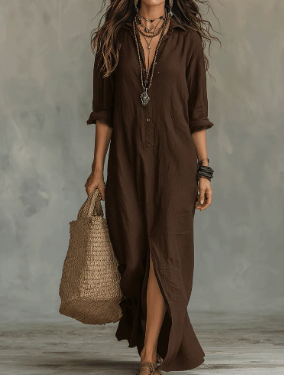 Damen Leinen Maxikleid mit Kragen - Image 7