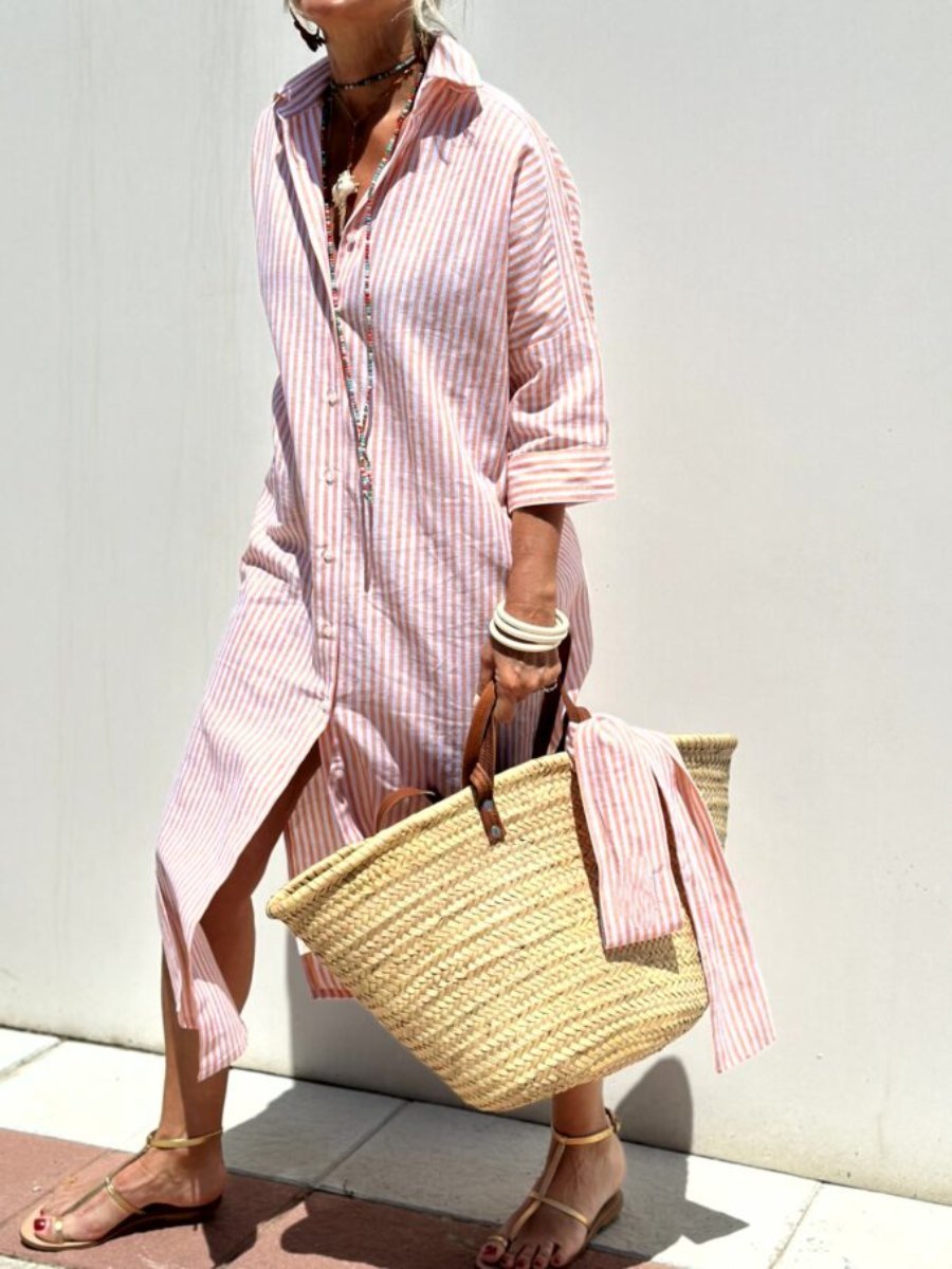 Women Striped Button Down Shirt Dress
