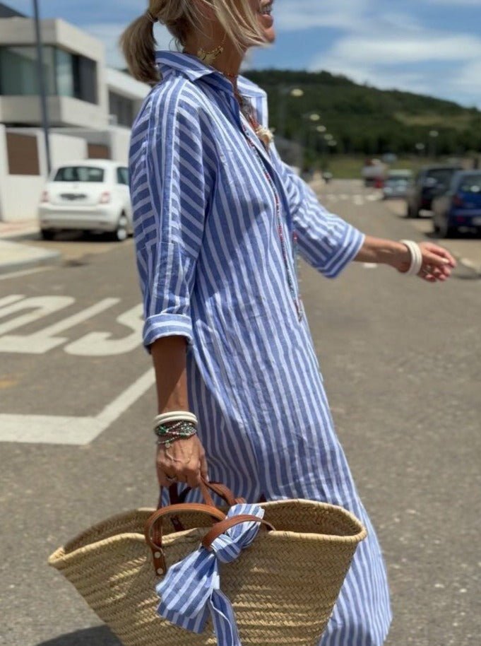 Women Striped Button Down Shirt Dress - Image 2