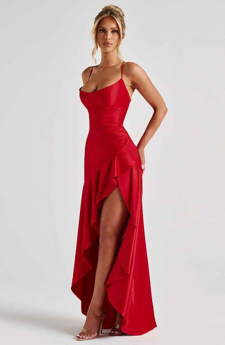 Damen Maxikleid mit Schlitz Satin Abendkleid lang - Image 3
