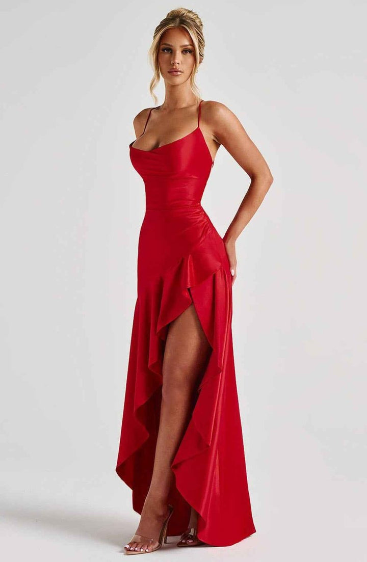 Damen Maxikleid mit Schlitz Satin Abendkleid lang - Image 3