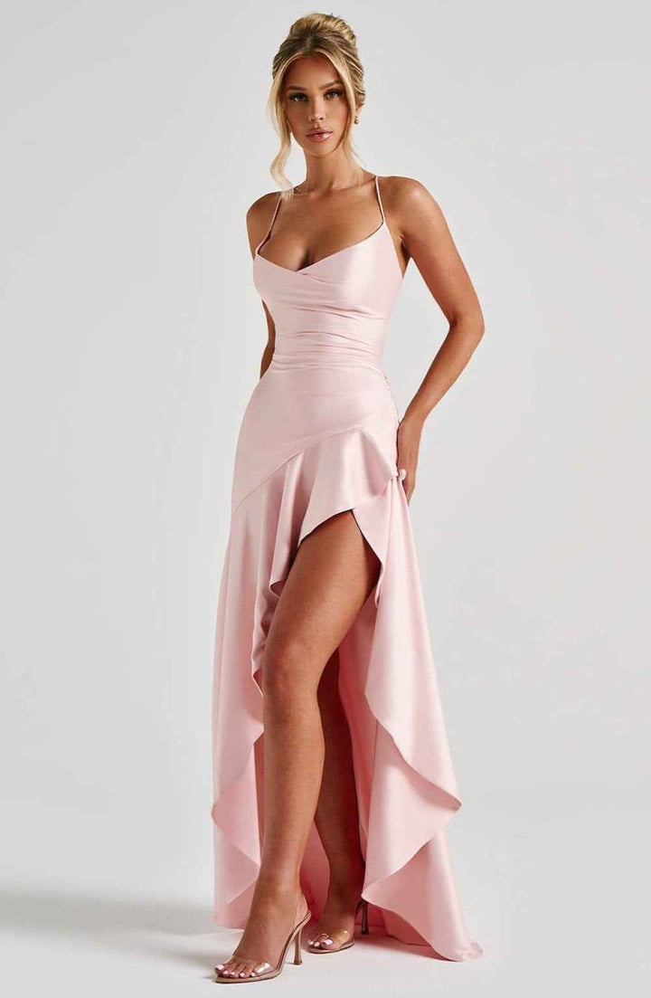 Damen Maxikleid mit Schlitz Satin Abendkleid lang - Image 4
