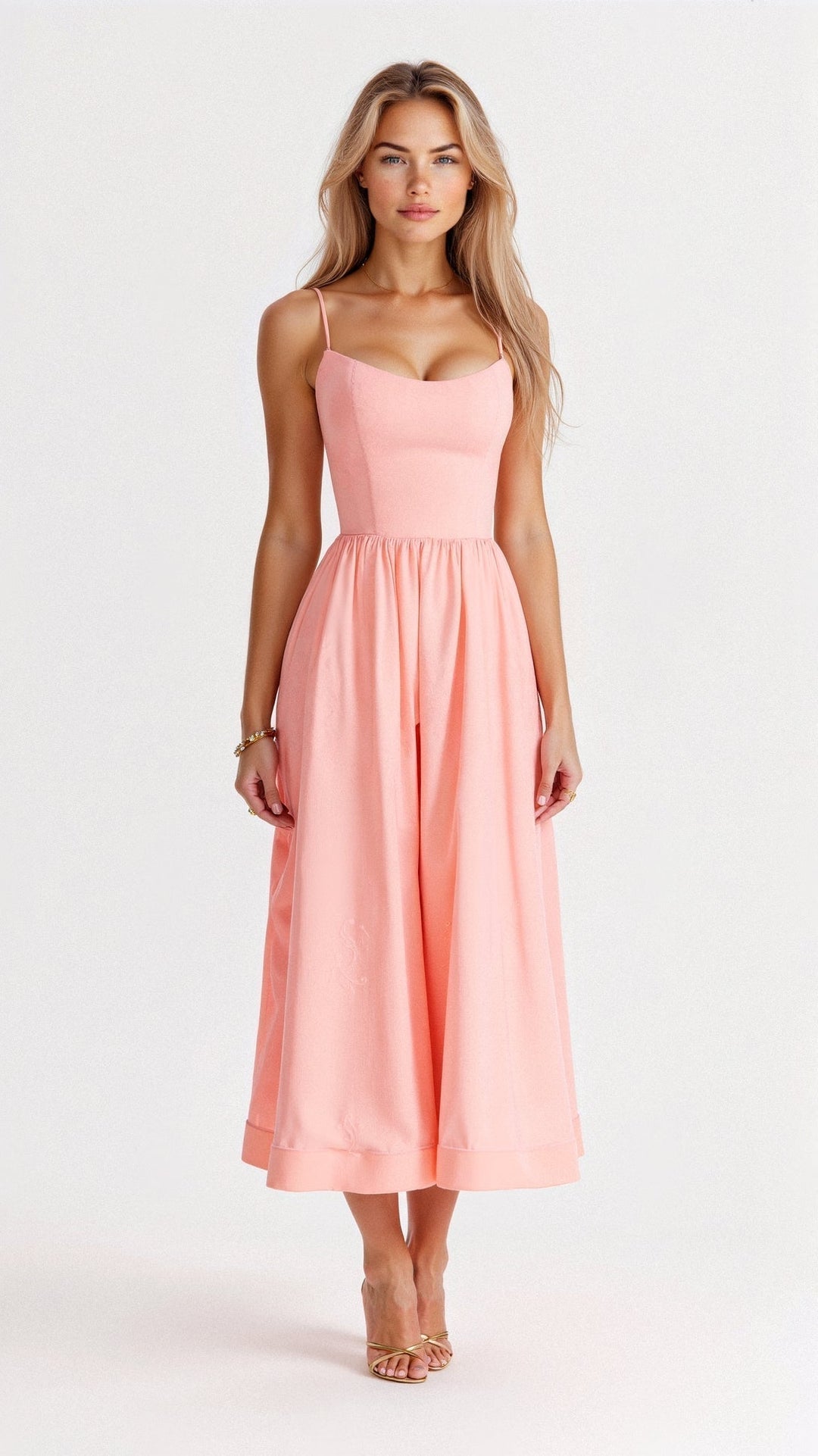 Damen Midikleid Spaghettiträger A-Linie klassisch