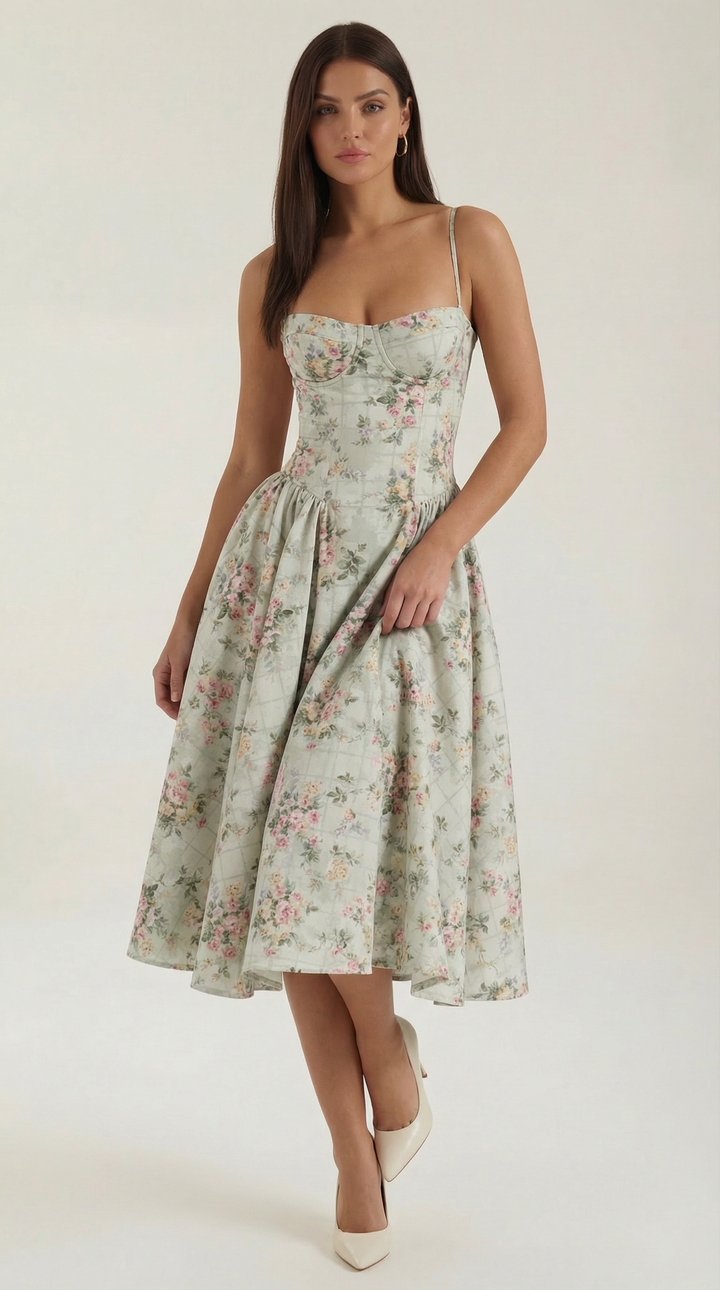 Ysabel – Florales Korsett Midi Kleid Damen