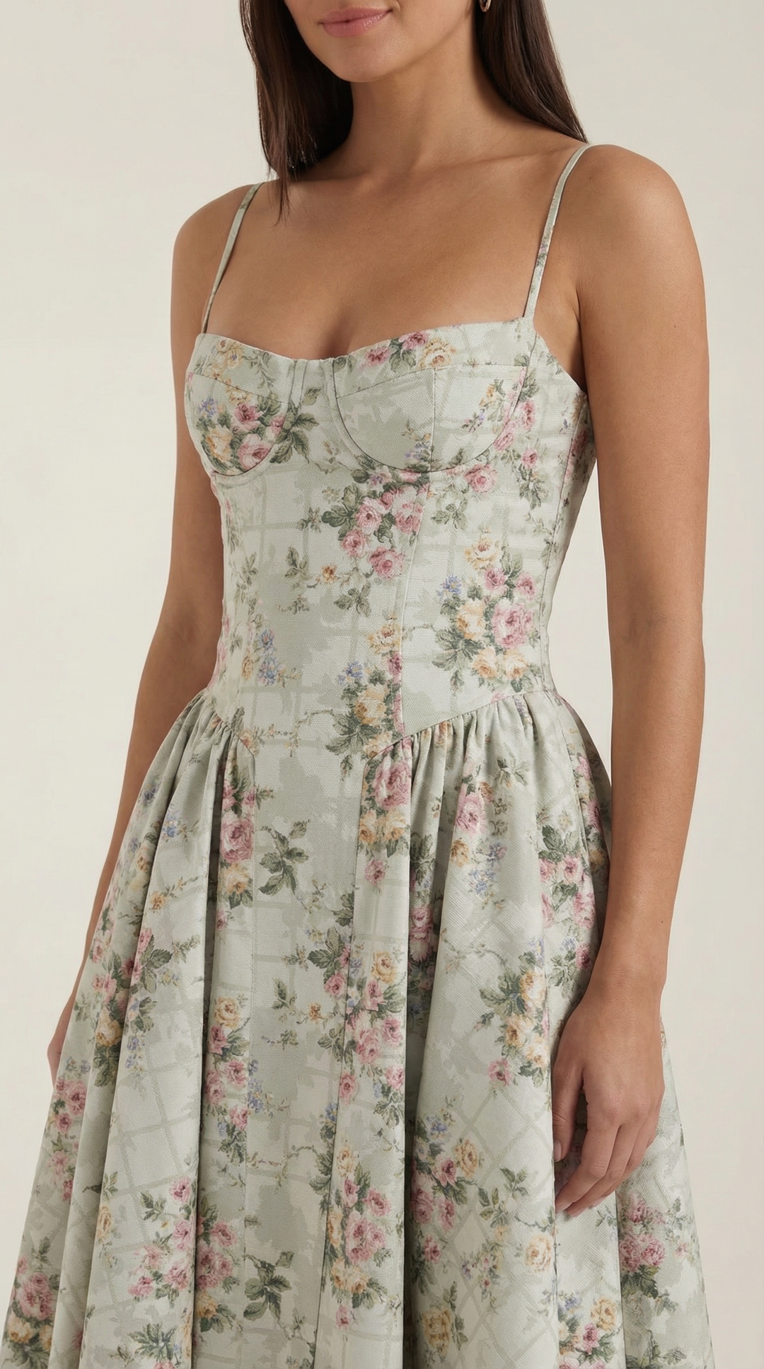 Anneliese - Florales Korsett Midi Kleid Mit Herz Ausschnitt