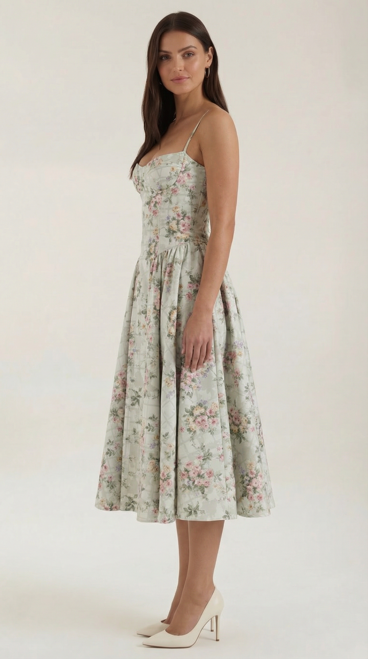 Anneliese - Florales Korsett Midi Kleid Mit Herz Ausschnitt