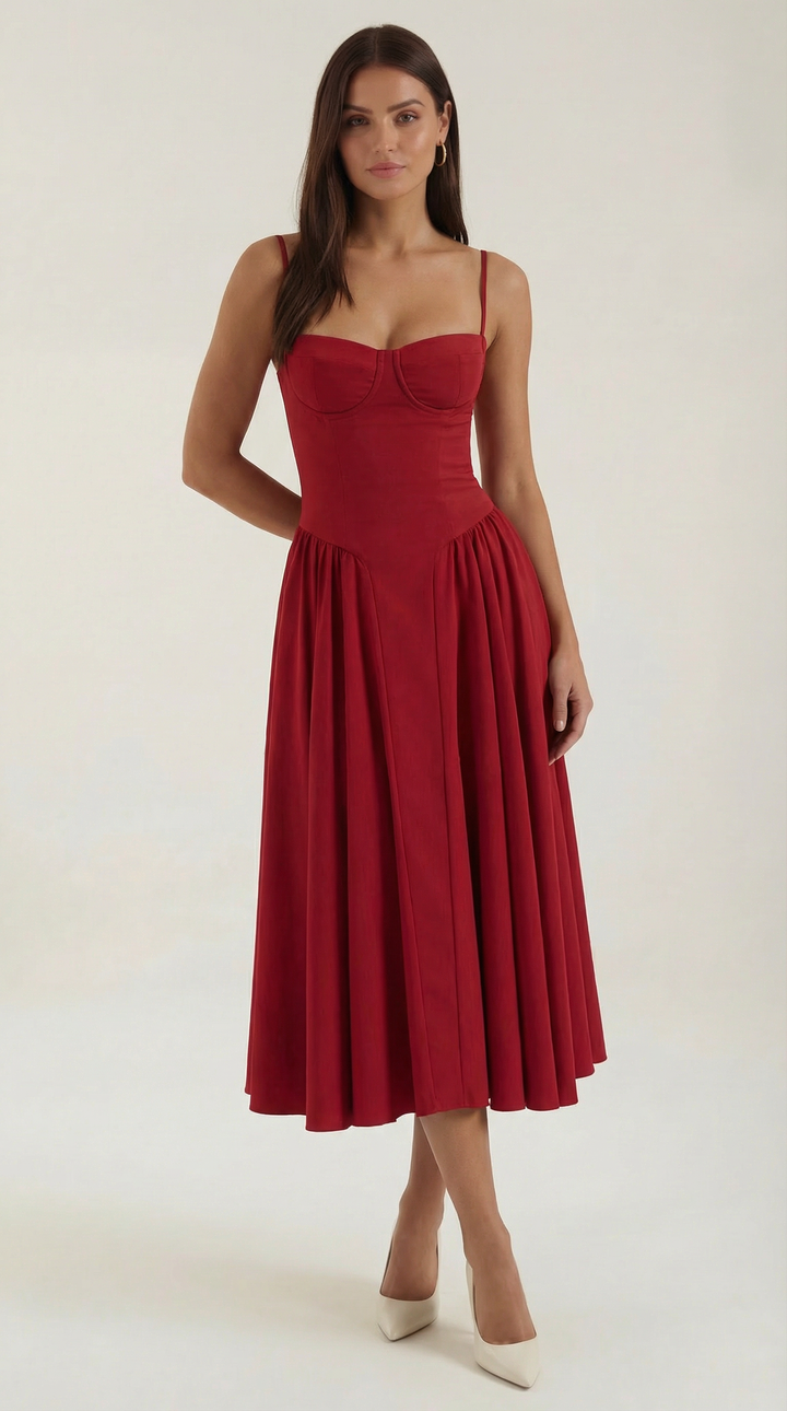 Anneliese - Florales Korsett Midi Kleid Mit Herz Ausschnitt
