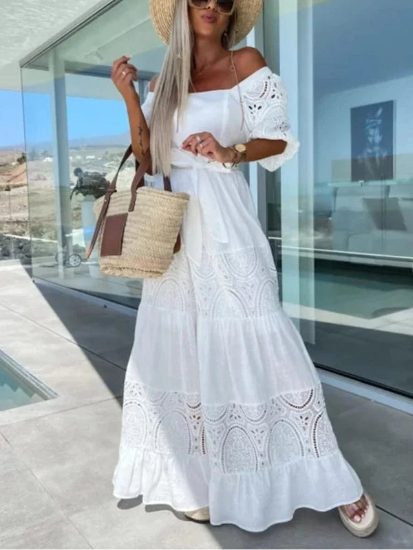 Damen Spitze Maxi Kleid Boho Häkelmuster