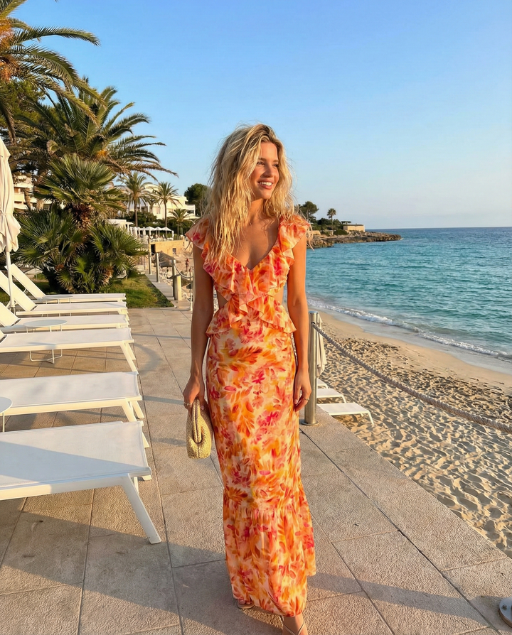 Vicelara - Sommer Maxi Kleid Mit Volants Blumenmuster