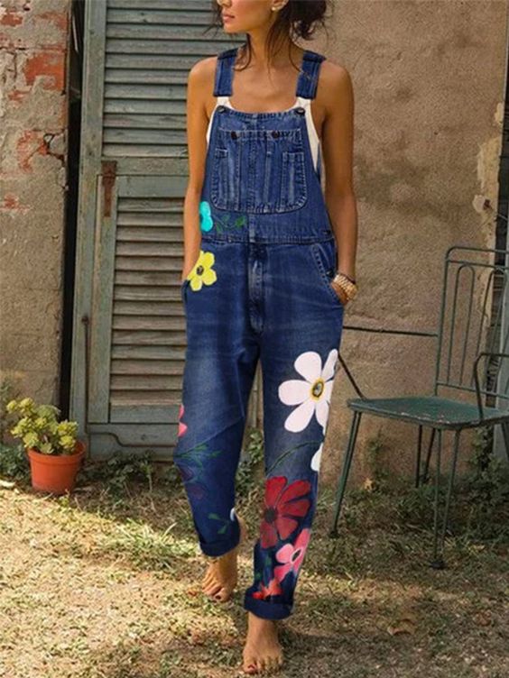 Women Floral Denim Overall Dress Sleeveless Pinafore Retro - Image 2