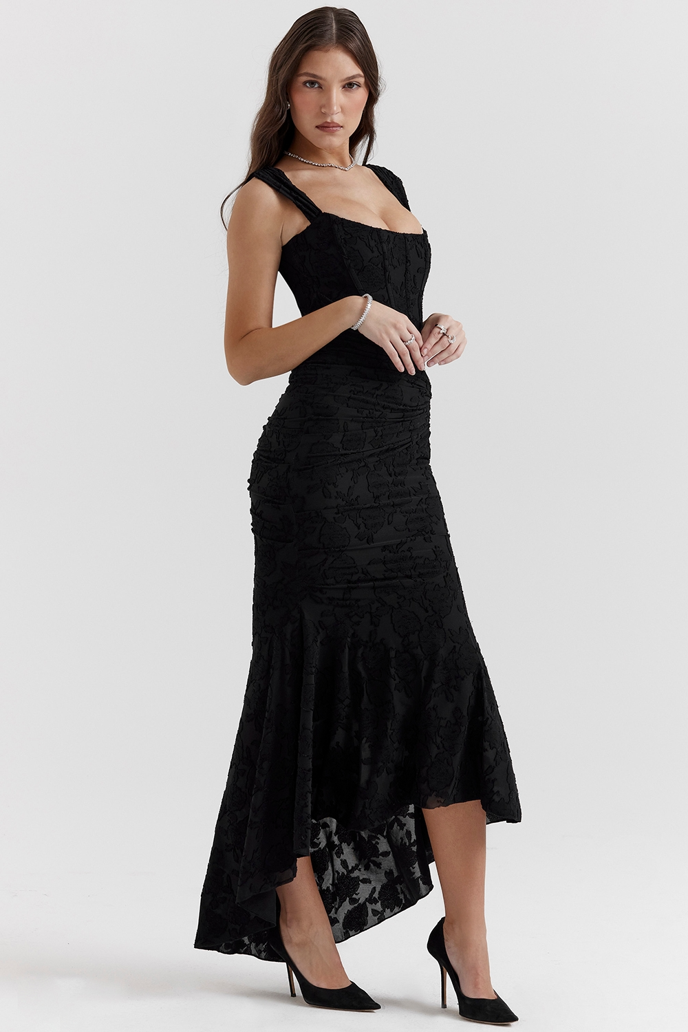 Lioraelle - Florales Korsett Midi Kleid Mit Asymmetrischem Schnitt