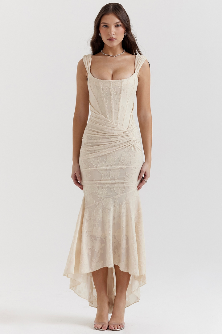Lioraelle - Florales Korsett Midi Kleid Mit Asymmetrischem Schnitt
