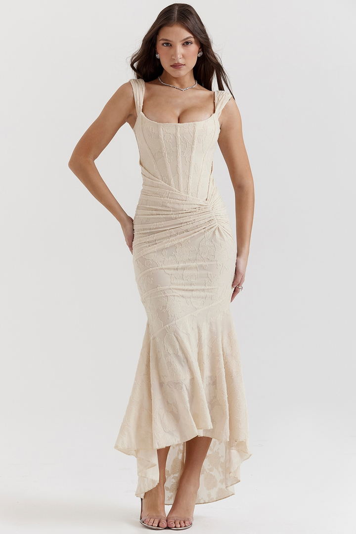 Lioraelle - Florales Korsett Midi Kleid Mit Asymmetrischem Schnitt