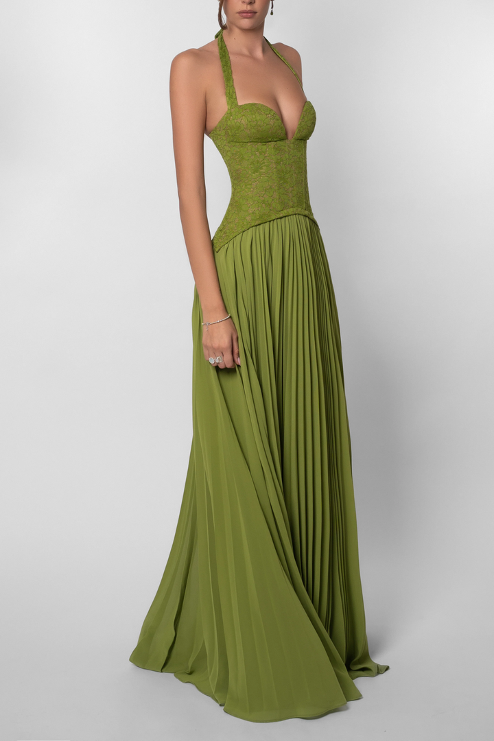 Liorenne - Neckholder Blumen Spitze Plissiertes Maxi Kleid