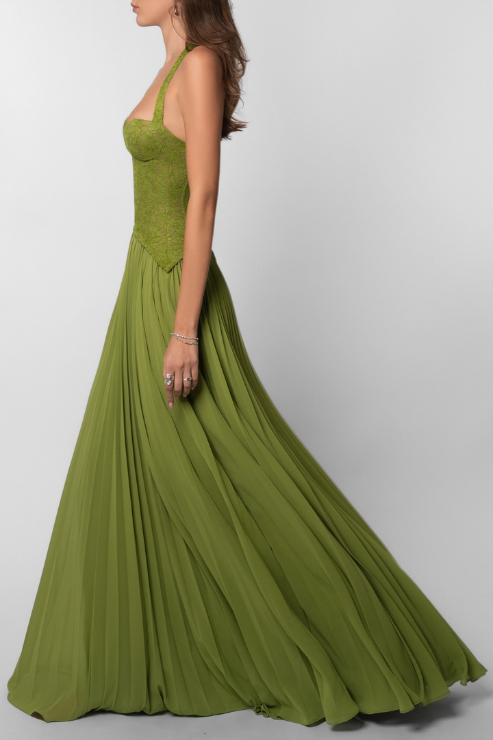 Liorenne - Neckholder Blumen Spitze Plissiertes Maxi Kleid