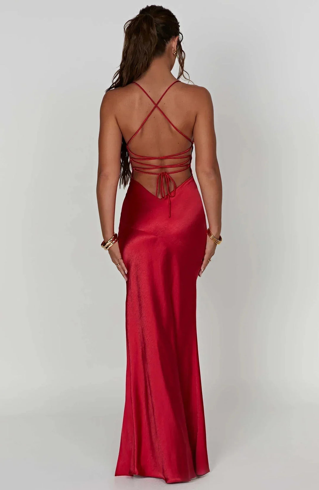 Caris - Satin V Ausschnitt Maxi Kleid