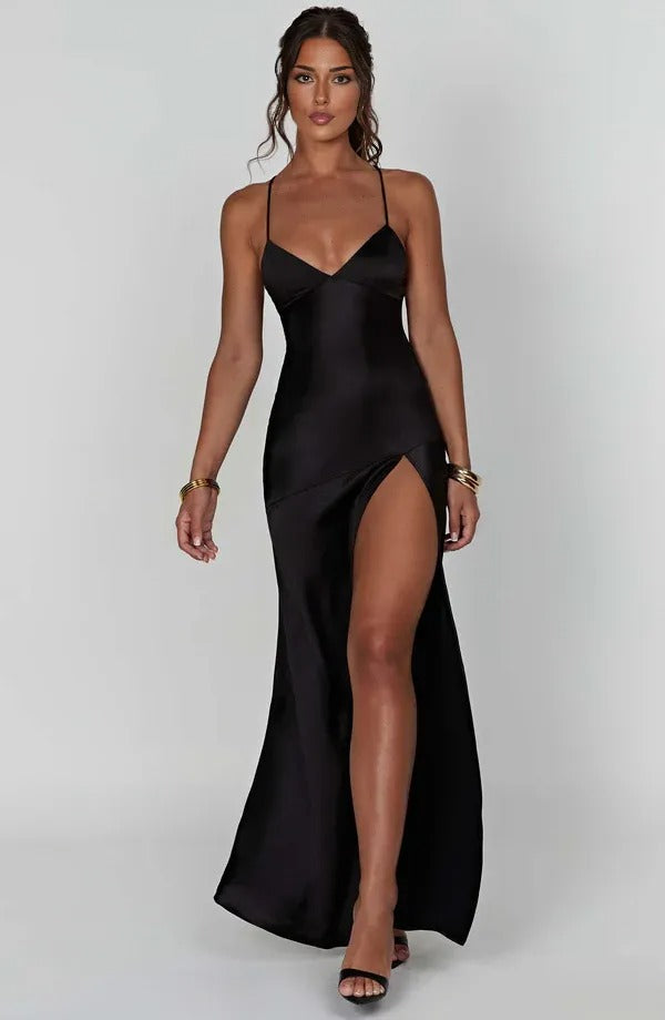 Caris - Satin V Ausschnitt Maxi Kleid