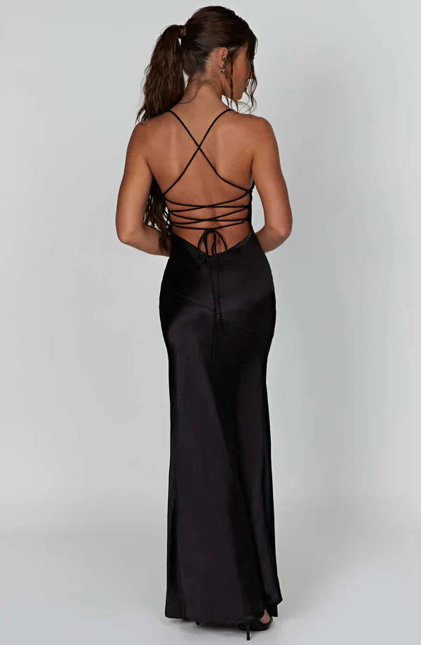 Caris - Satin V Ausschnitt Maxi Kleid