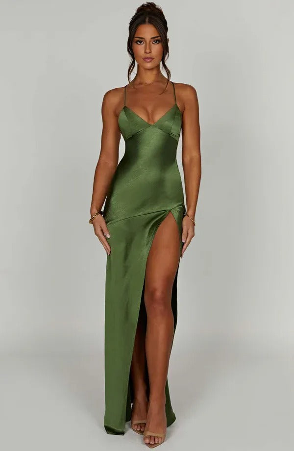 Caris - Satin V Ausschnitt Maxi Kleid