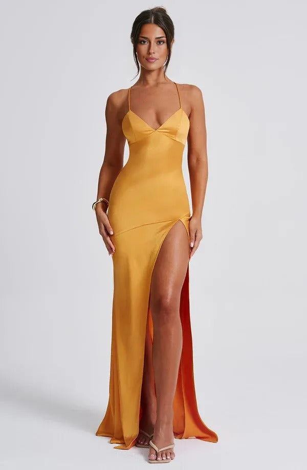 Caris - Satin V Ausschnitt Maxi Kleid