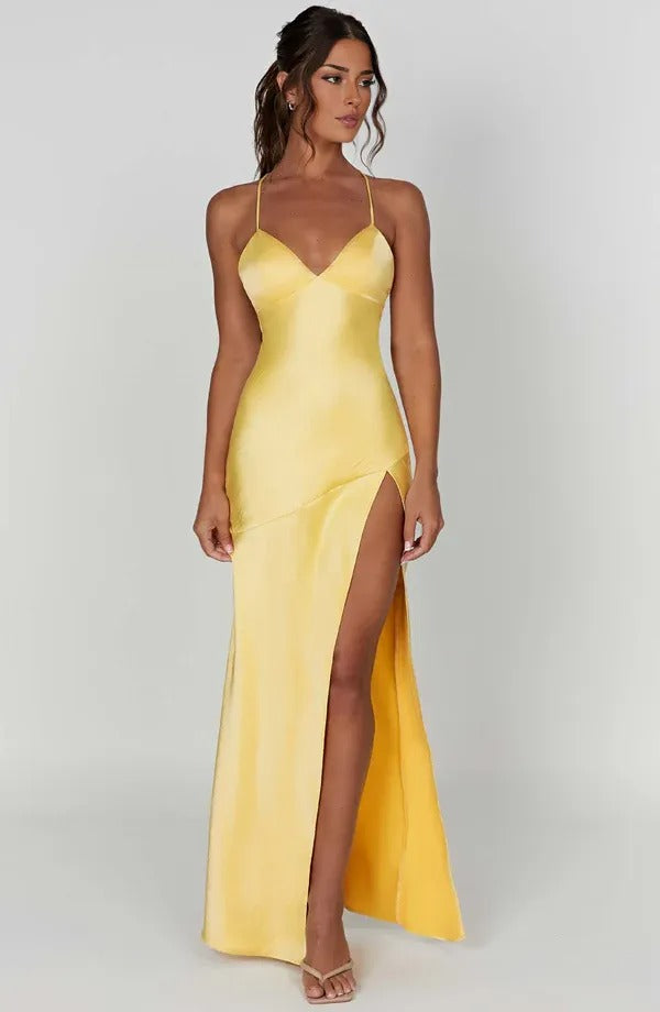 Caris - Satin V Ausschnitt Maxi Kleid