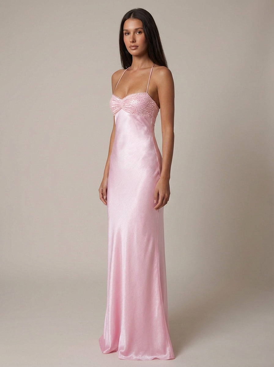 Briseis - Elegantes Perlen Halter Maxi Kleid