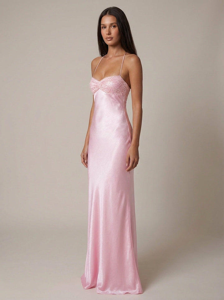 Briseis - Elegantes Perlen Halter Maxi Kleid