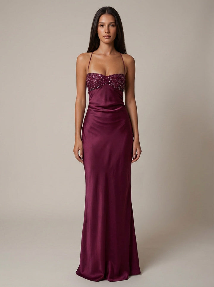 Briseis - Elegantes Perlen Halter Maxi Kleid