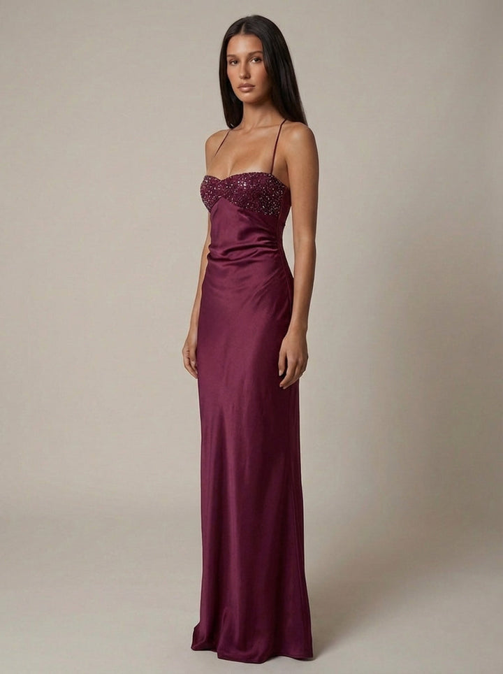 Briseis - Elegantes Perlen Halter Maxi Kleid