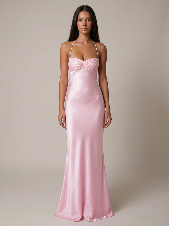 Briseis - Elegantes Perlen Halter Maxi Kleid