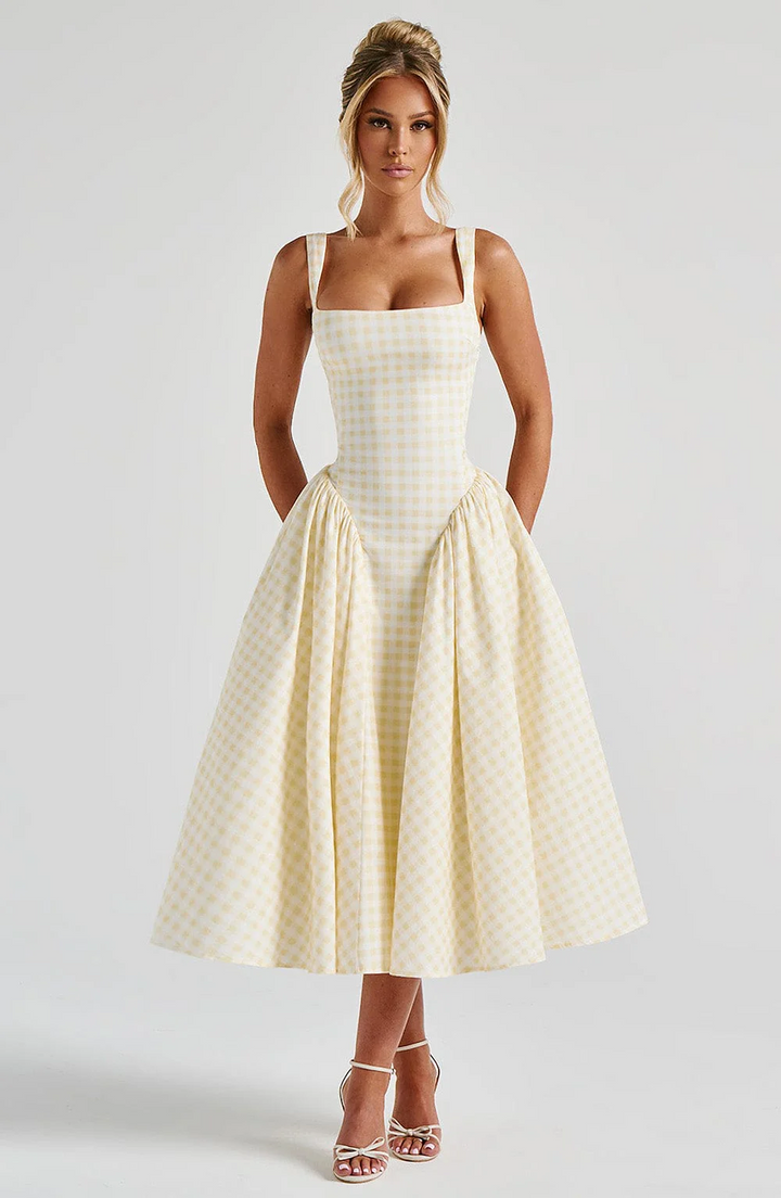 Elvaria - Gingham Midi Kleid Schnürung Rücken