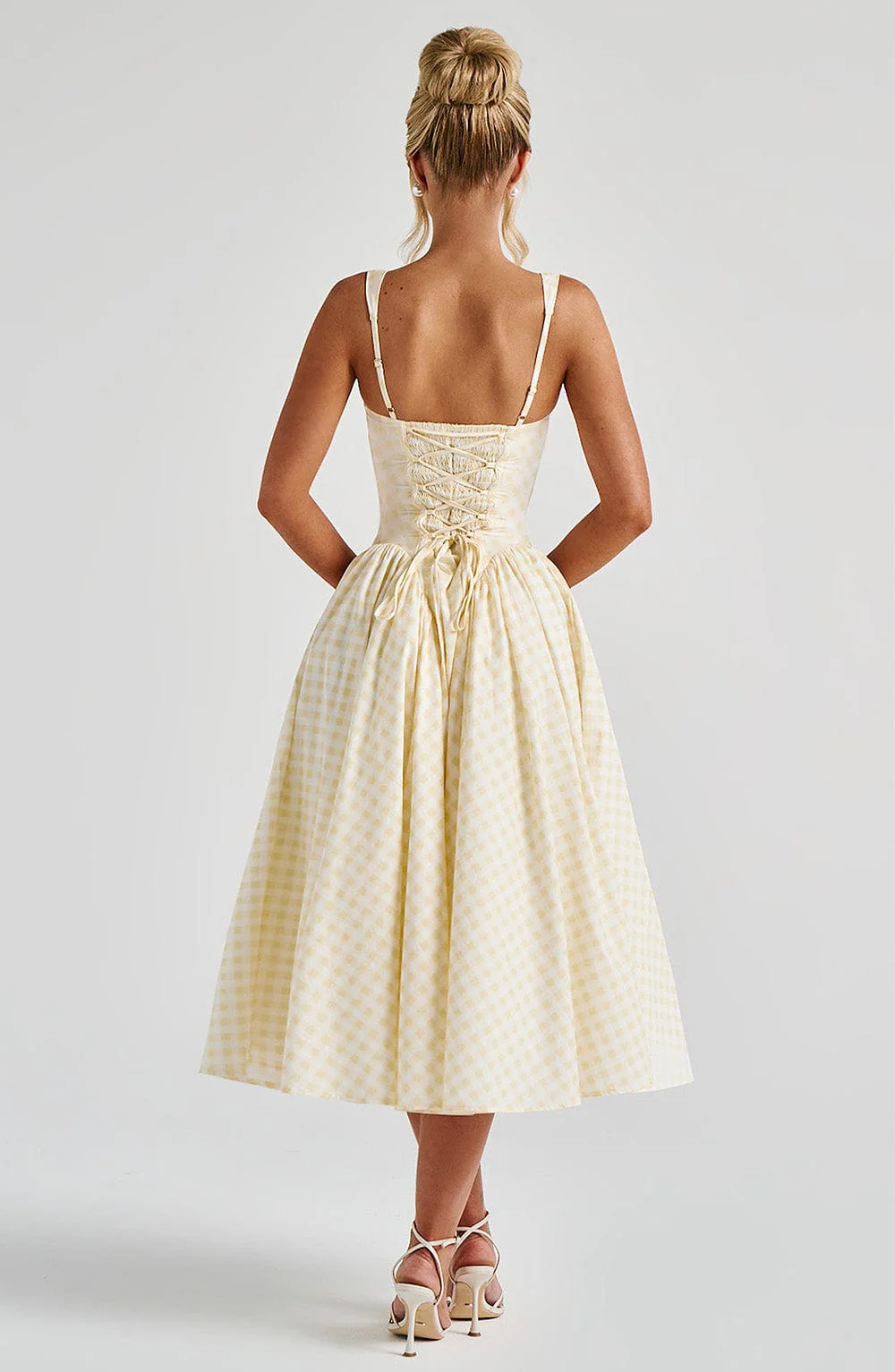 Elvaria - Gingham Midi Kleid Schnürung Rücken