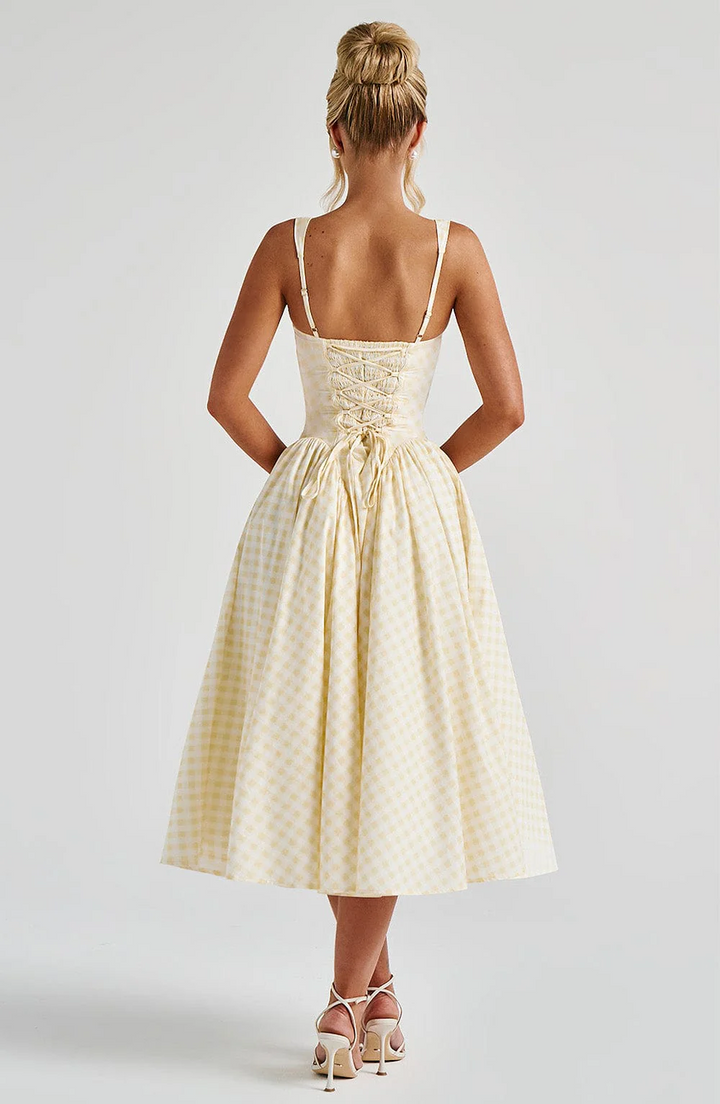 Elvaria - Gingham Midi Kleid Schnürung Rücken