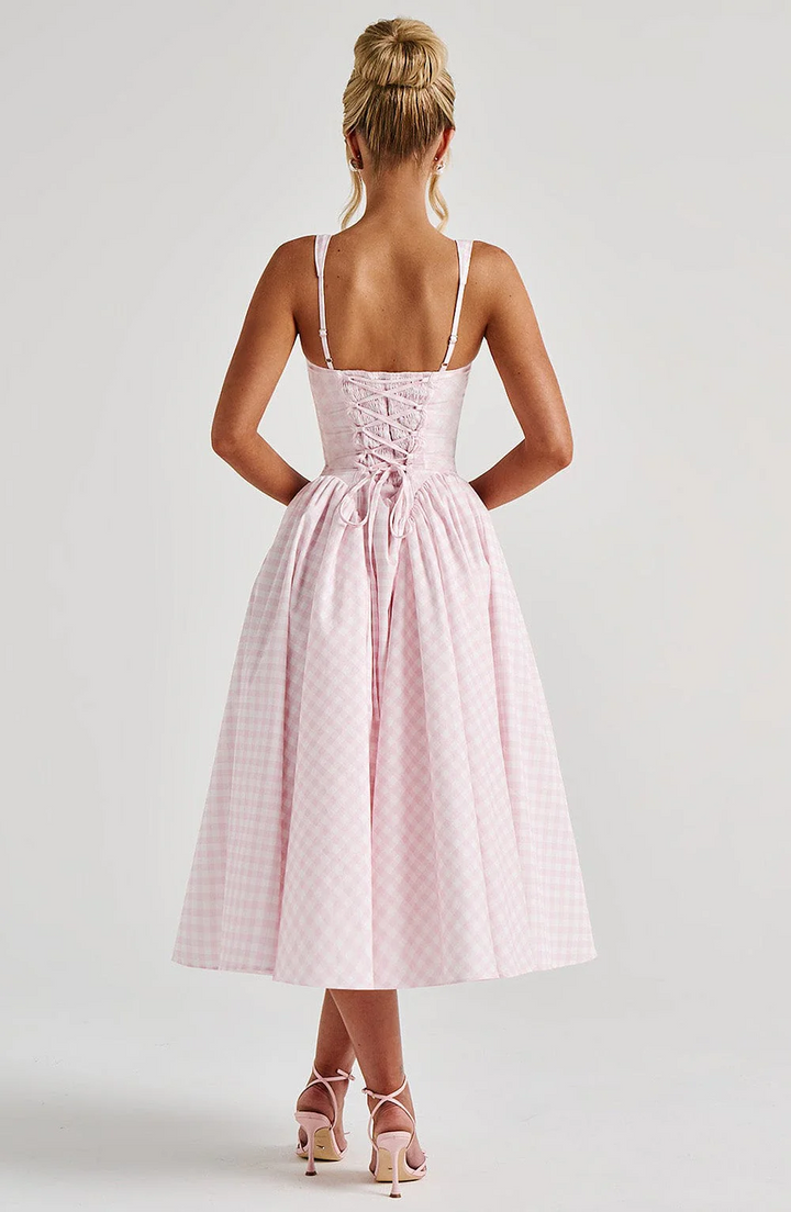 Elvaria - Gingham Midi Kleid Schnürung Rücken