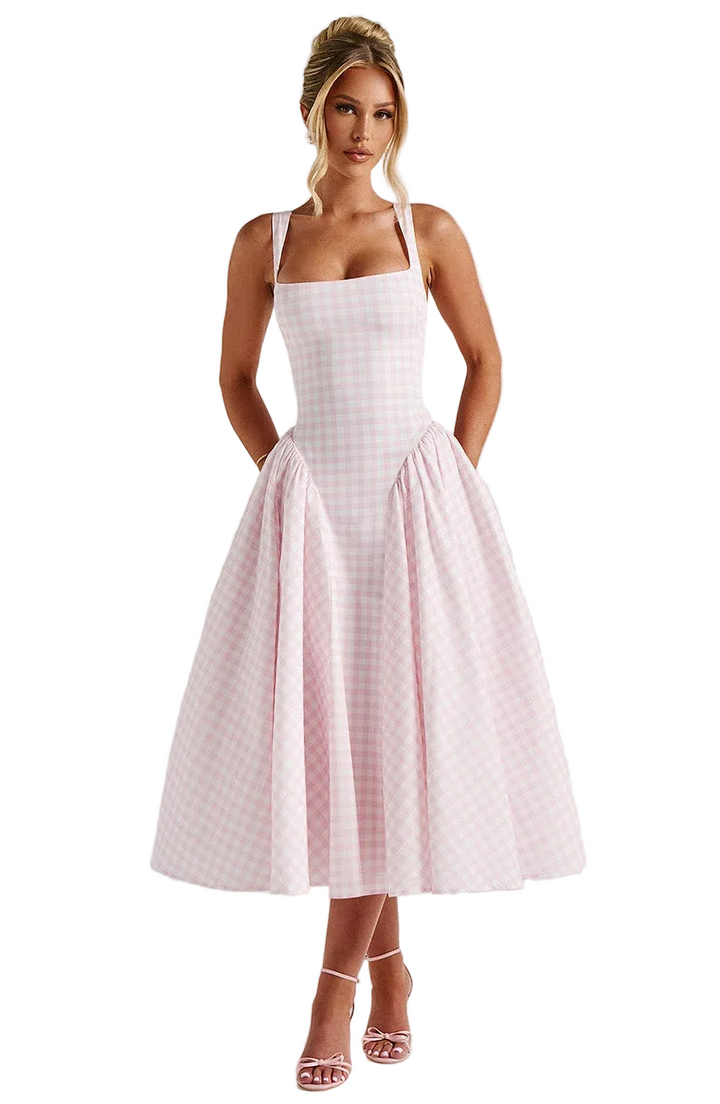 Elvaria - Gingham Midi Kleid Schnürung Rücken