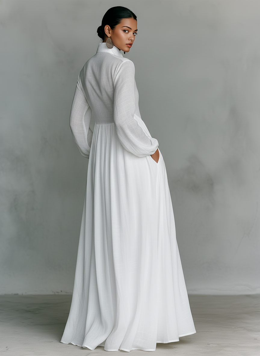 Selvara - Minimalistisches Langarm Stehkragen Maxi Kleid