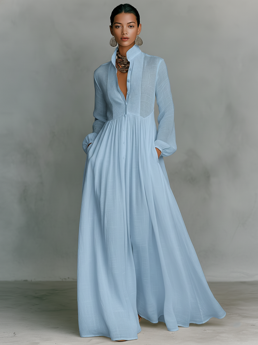 Selvara - Minimalistisches Langarm Stehkragen Maxi Kleid