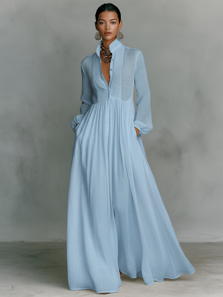 Selvara - Minimalistisches Langarm Stehkragen Maxi Kleid
