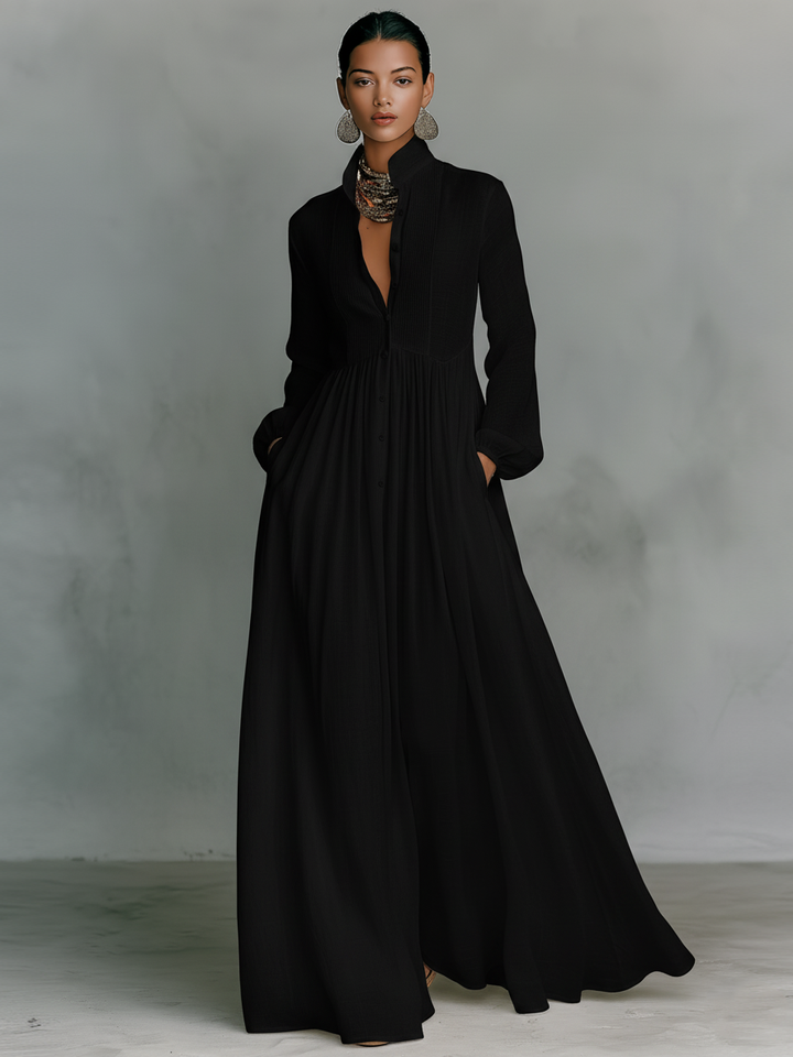 Selvara - Minimalistisches Langarm Stehkragen Maxi Kleid