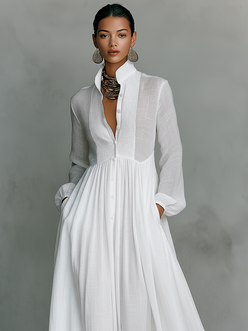 Selvara - Minimalistisches Langarm Stehkragen Maxi Kleid