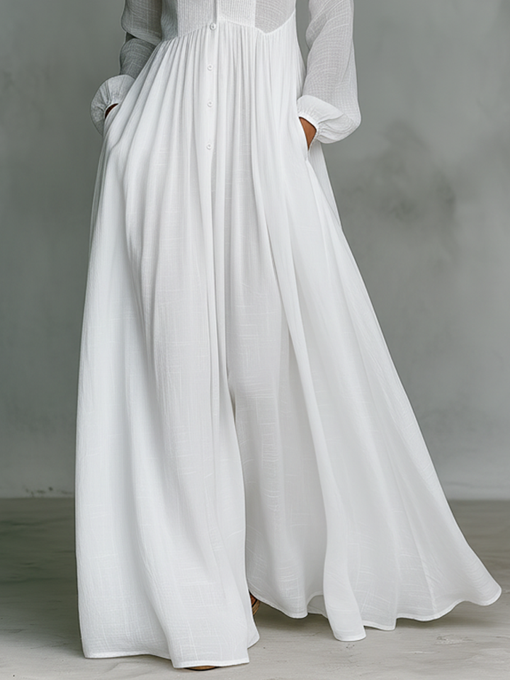 Selvara - Minimalistisches Langarm Stehkragen Maxi Kleid