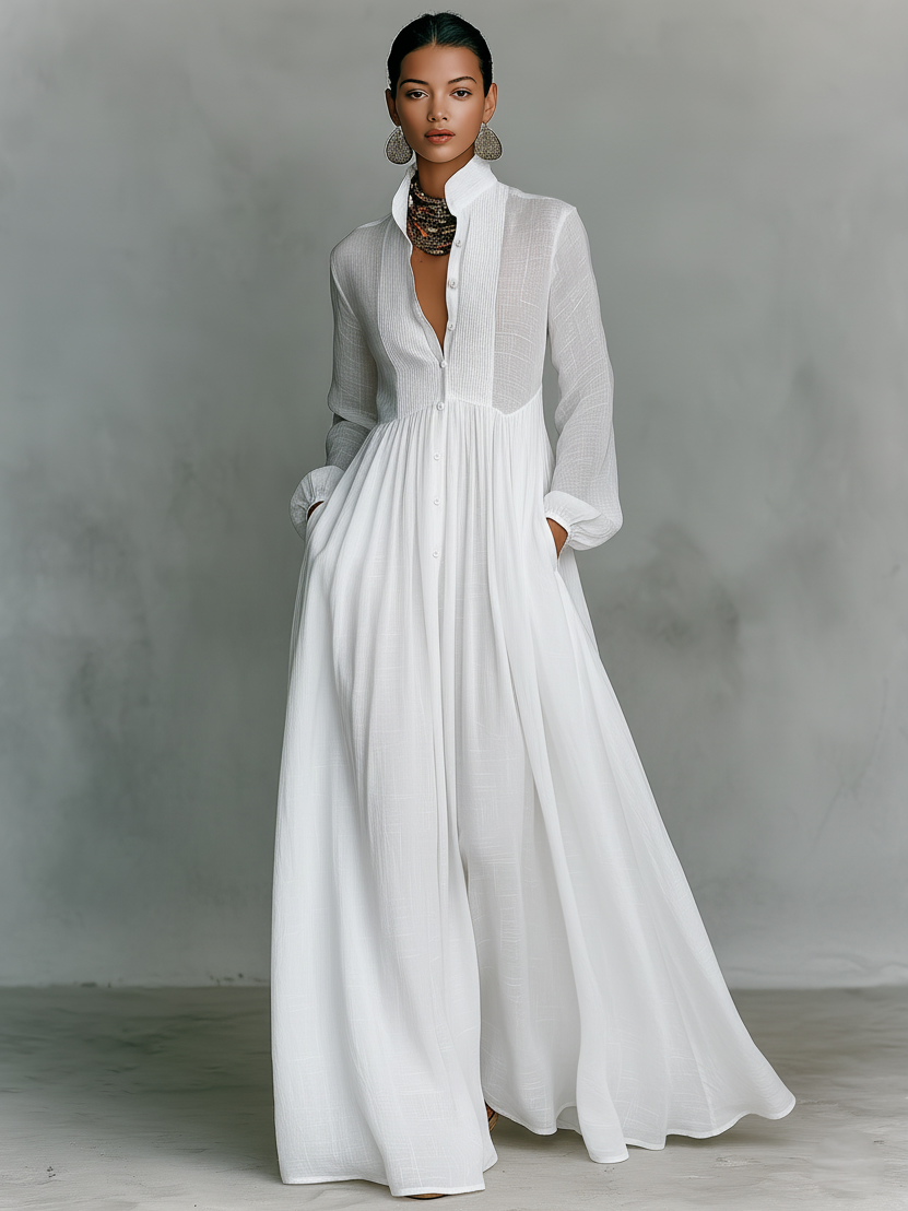 Selvara - Minimalistisches Langarm Stehkragen Maxi Kleid