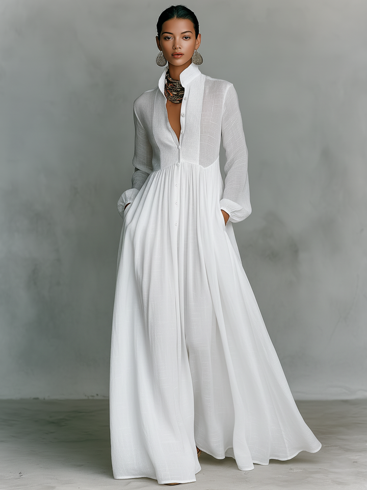 Selvara - Minimalistisches Langarm Stehkragen Maxi Kleid