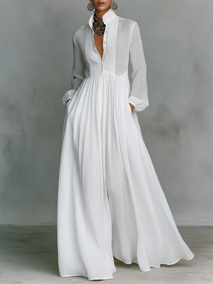 Selvara - Minimalistisches Langarm Stehkragen Maxi Kleid